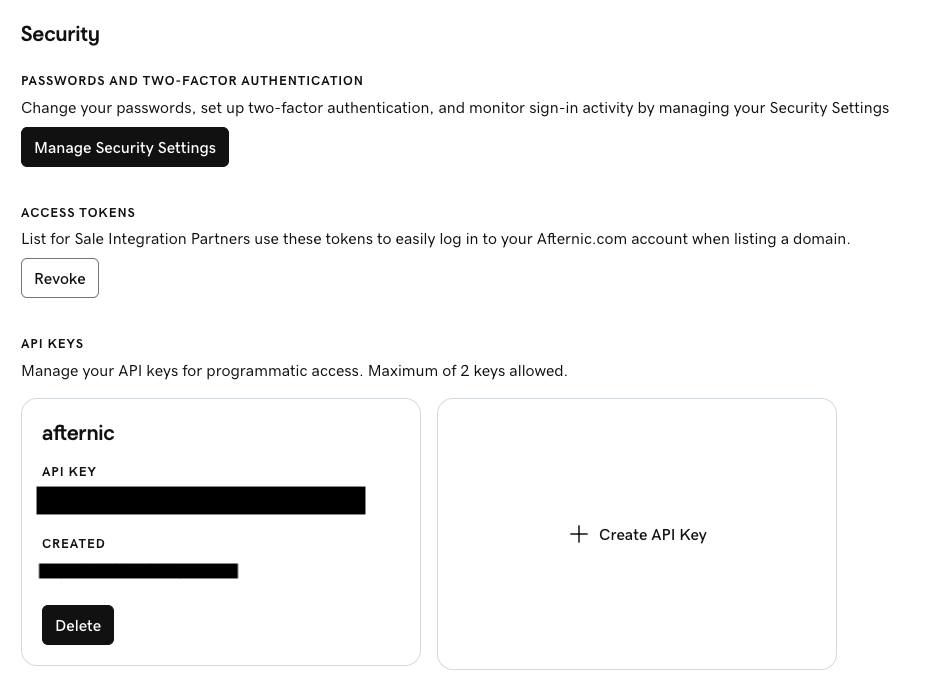 API Keys in the Security section of the Afternic account profile